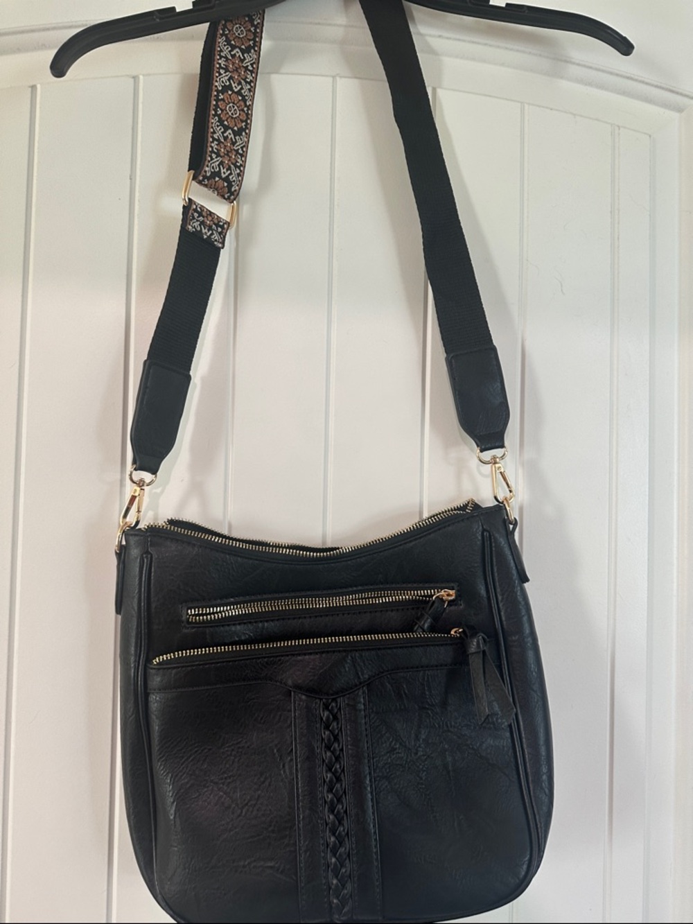 Black Crossbody Bag with Patterned Adjustable Strap